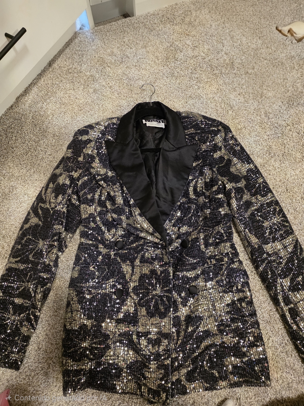 Sequin Floral Double-Breasted Blazer Jacket - Black and Gold